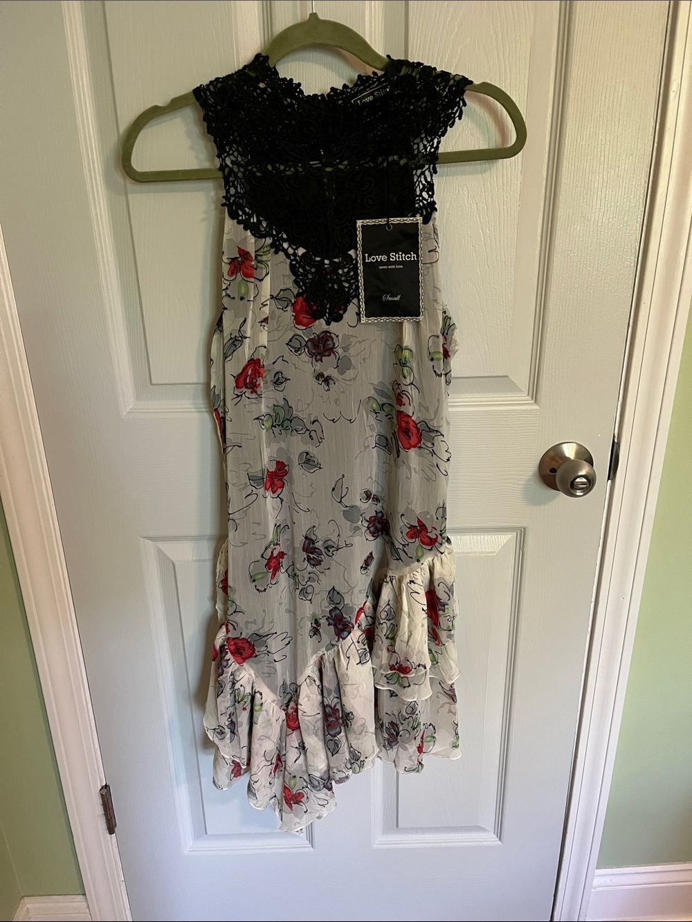 Love Stitch White Floral Dress with Black Lace Yoke